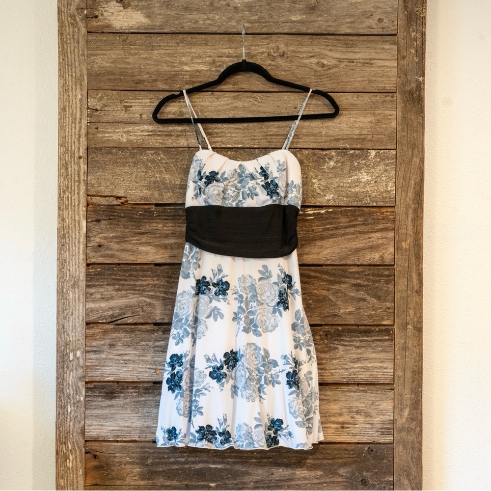 Floral Spaghetti Strap Dress with Black Waistband